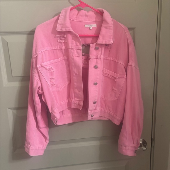 Pink Distressed Rhinestone Denim Jacket - Size Medium - Picture 3 of 5
